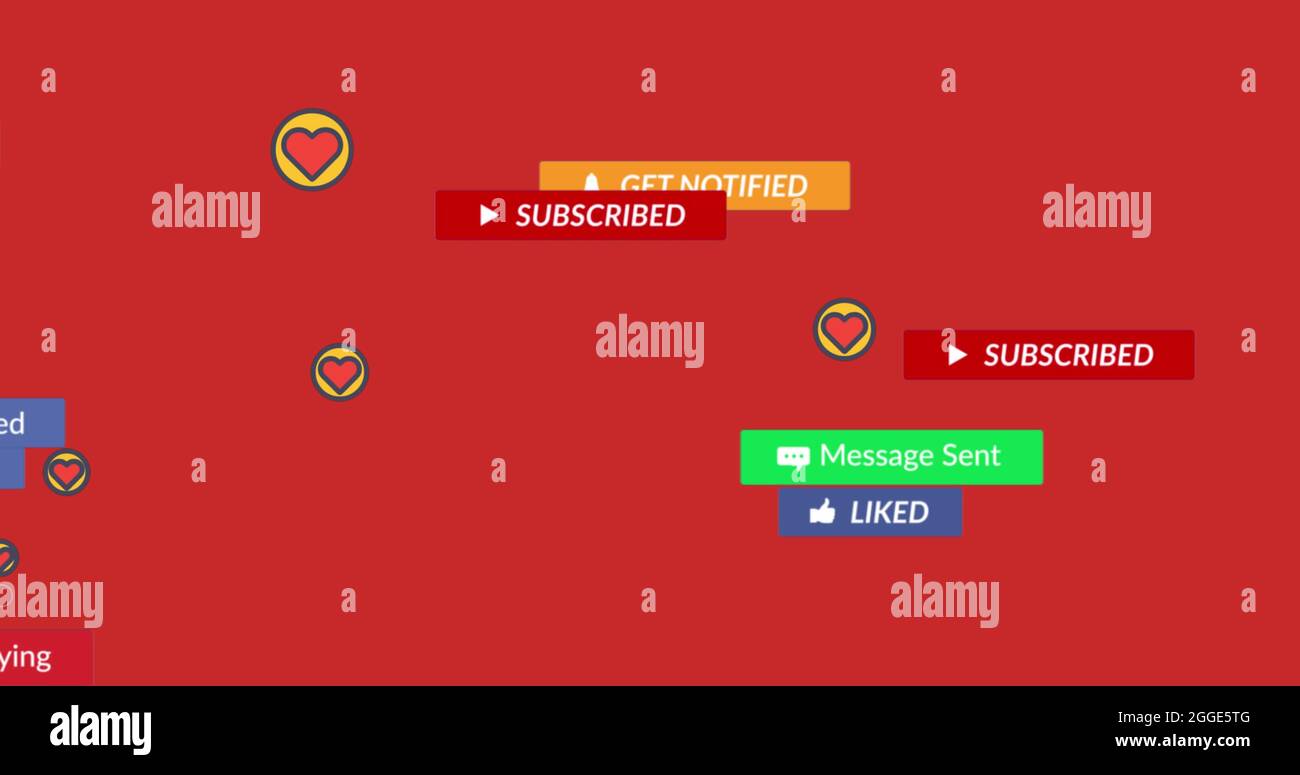 Immagine del testo dei social media su banner con icone digitali su sfondo rosso Foto Stock