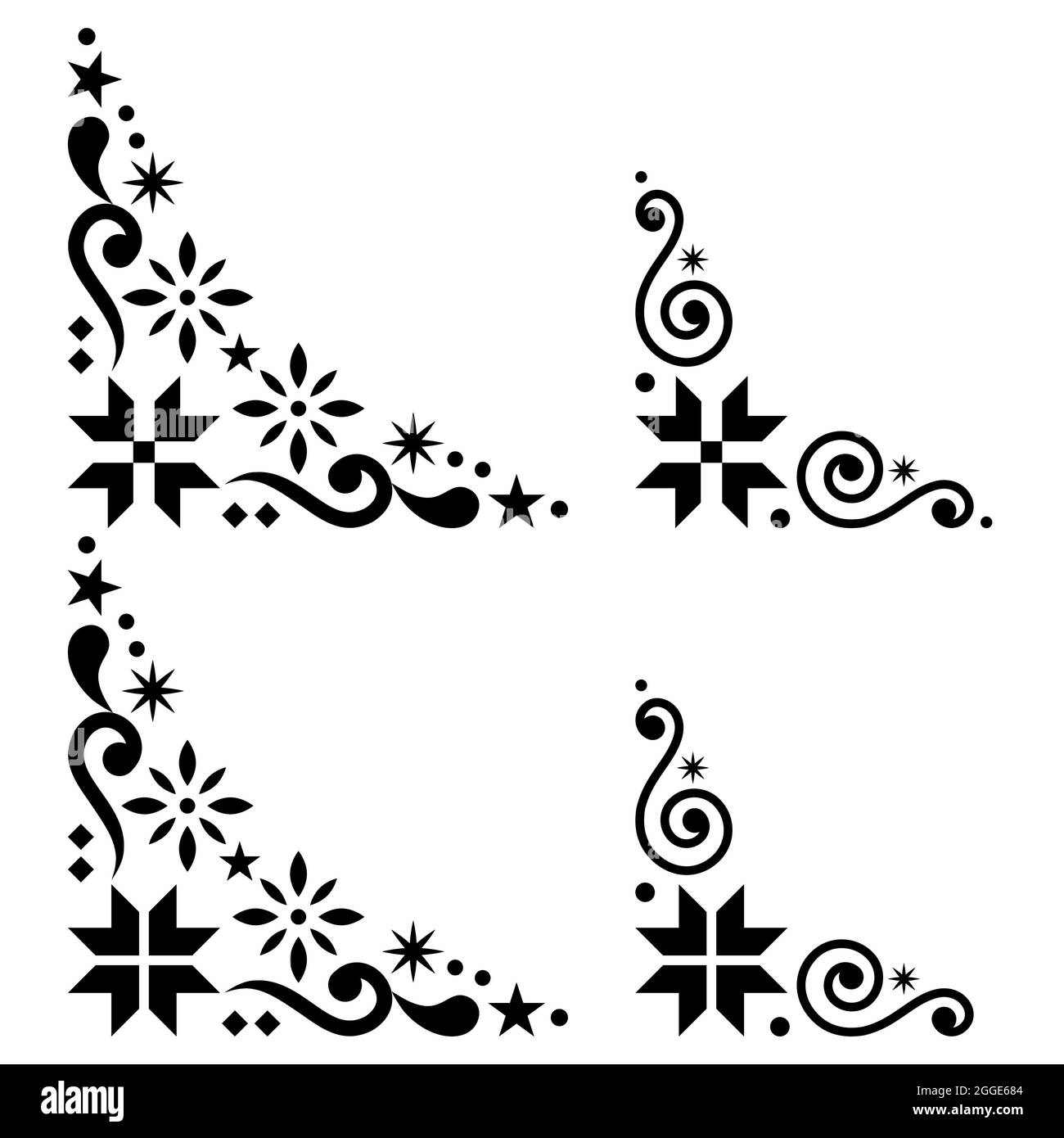 Set d'angolo vettoriale Natale - stile scandinavo, elementi di design folk con fiocchi di neve neri su sfondo bianco Illustrazione Vettoriale