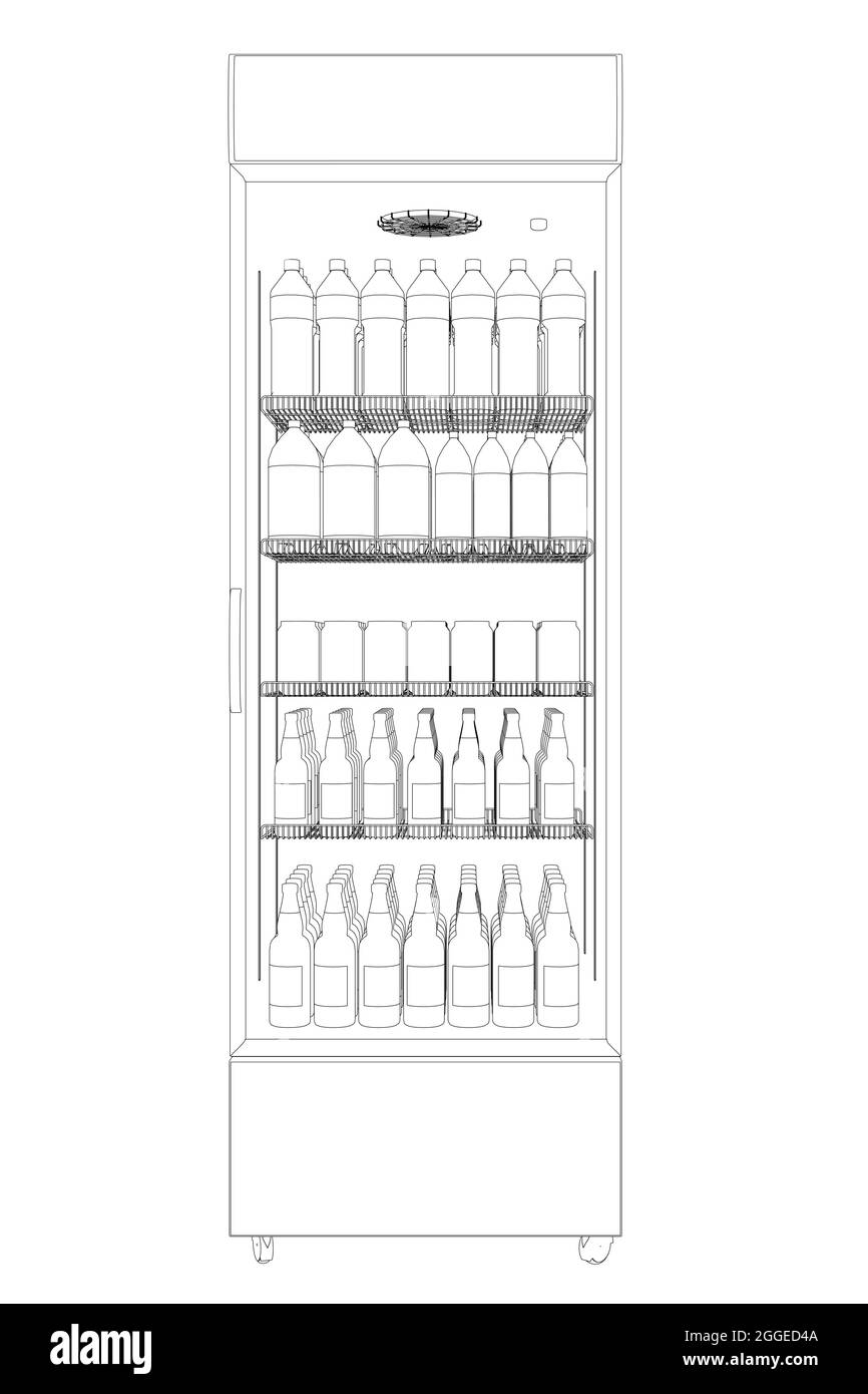 Contorno di un frigo negozio con bottiglie e lattine di bevande da linee nere isolate su sfondo bianco. Vista frontale. Illustrazione vettoriale. Illustrazione Vettoriale