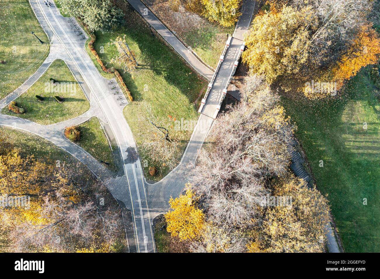 sentieri e piste ciclabili nel parco. luminoso paesaggio autunnale in giornata di sole. fotografia con droni Foto Stock