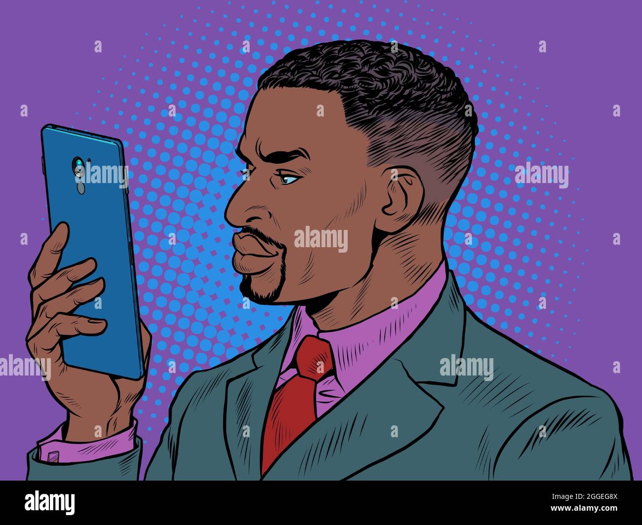 Uomo d'affari nero con uno smartphone Pop Art retro Illustrazione Vettoriale