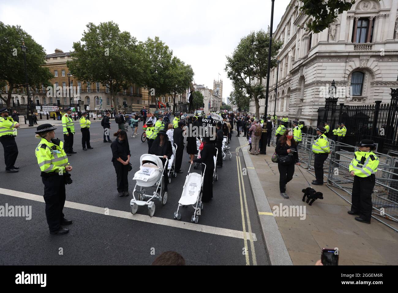 Manifestanti durante una protesta dei membri della ribellione di estinzione a Whitehall, vicino Downing Street, nel centro di Londra. Data foto: Martedì 31 agosto 2021. Foto Stock