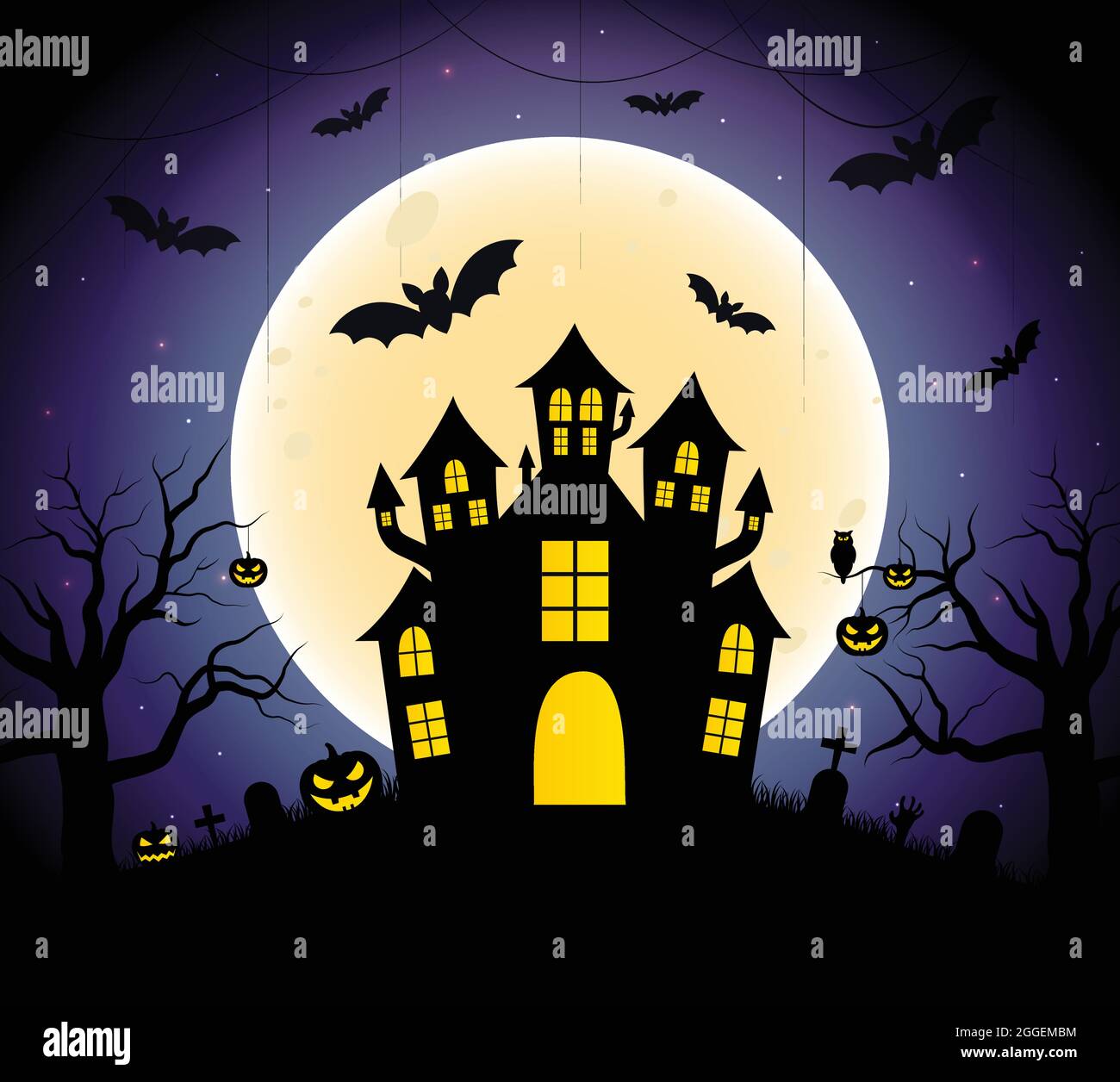Illustrazione vettoriale di Halloween. Sfondo felice Halloween banner con pipistrelli, luna, castello, web, cimitero e zucche. Sfondo notturno creepy. Illustrazione Vettoriale