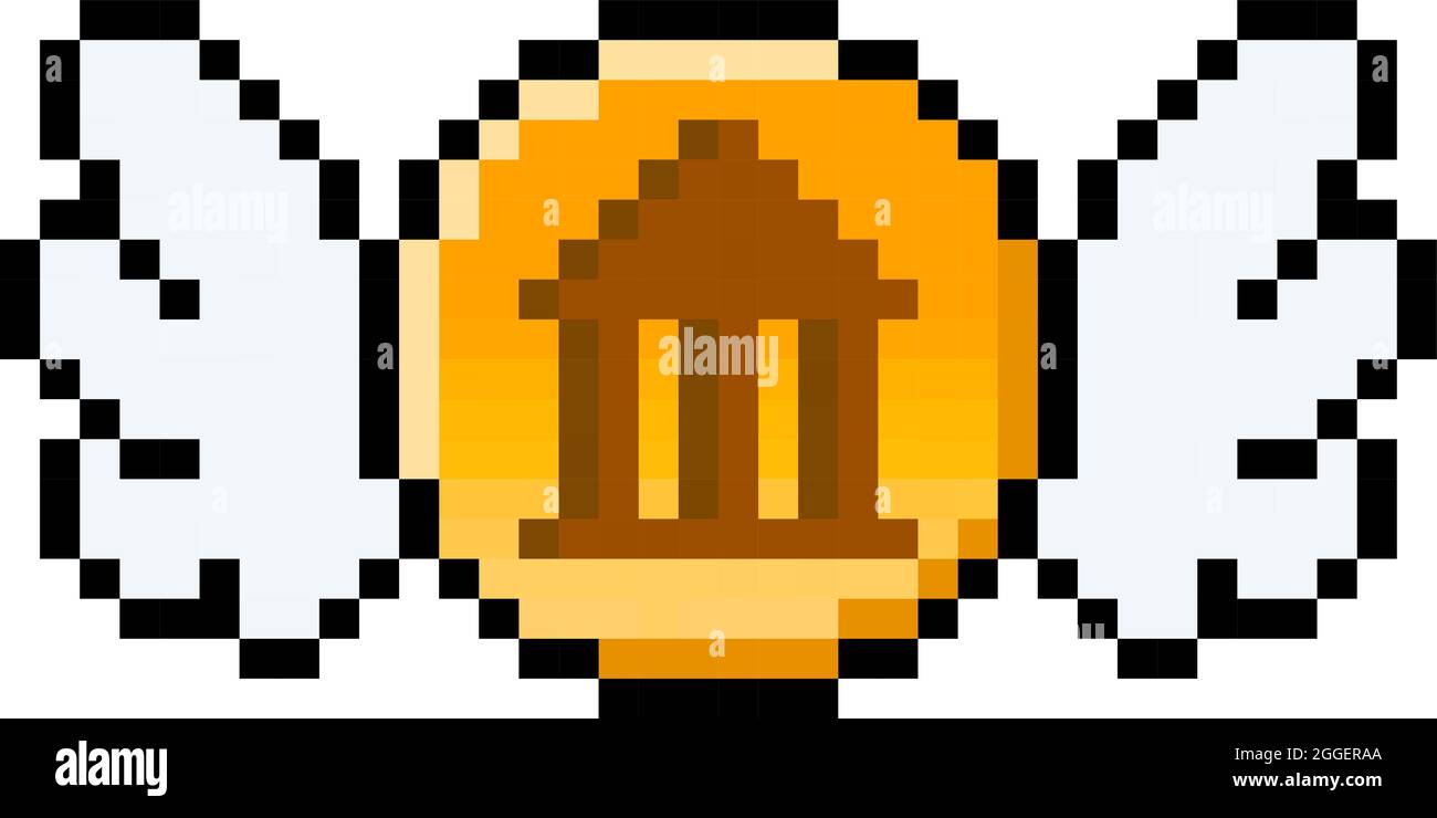 Pixel 8 bit moneta di governo con ali - vettore, isolato Illustrazione Vettoriale