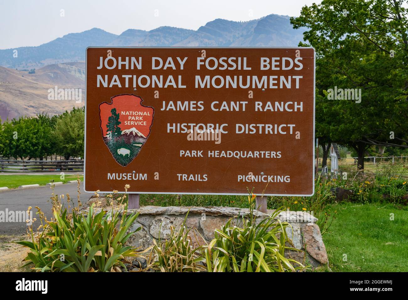 Cartello per il quartiere storico di Jame Cant Ranch al John Day Fossil Beds National Monument. Kimberly, Oregon, Stati Uniti. Foto Stock