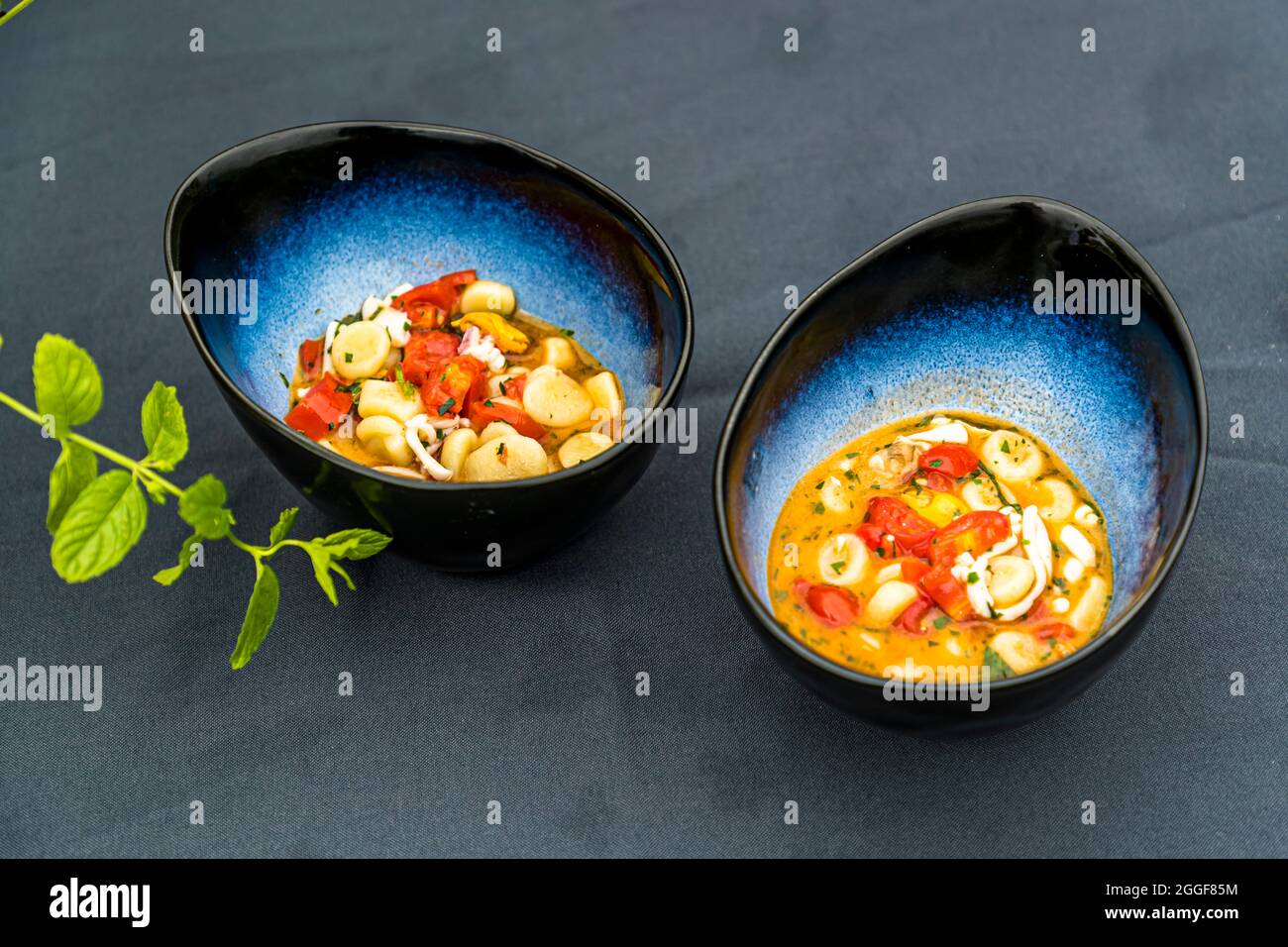 Due ciotole di un piatto di pasta, forse orecchiette con pomodori e mozzarella, sono guarnite con un rametto di menta all'evento gastronomico "Unplugged Taste" sulla Gompm-Alm in Alto Adige, Italia. Foto Stock