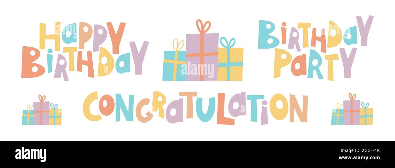 Congratulazioni colorate con felice compleanno a colori. Elementi di design Letterng carino stile disegno a mano Illustrazione Vettoriale Congratulazioni colorate con felice compleanno a colori. Elementi di design Letterng carino stile disegno a mano Illustrazione Vettoriale