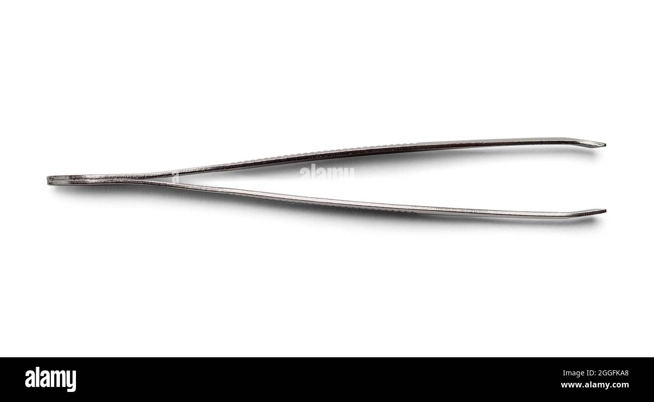 Pinzette in metallo, vista dall'alto, taglio su bianco. Foto Stock