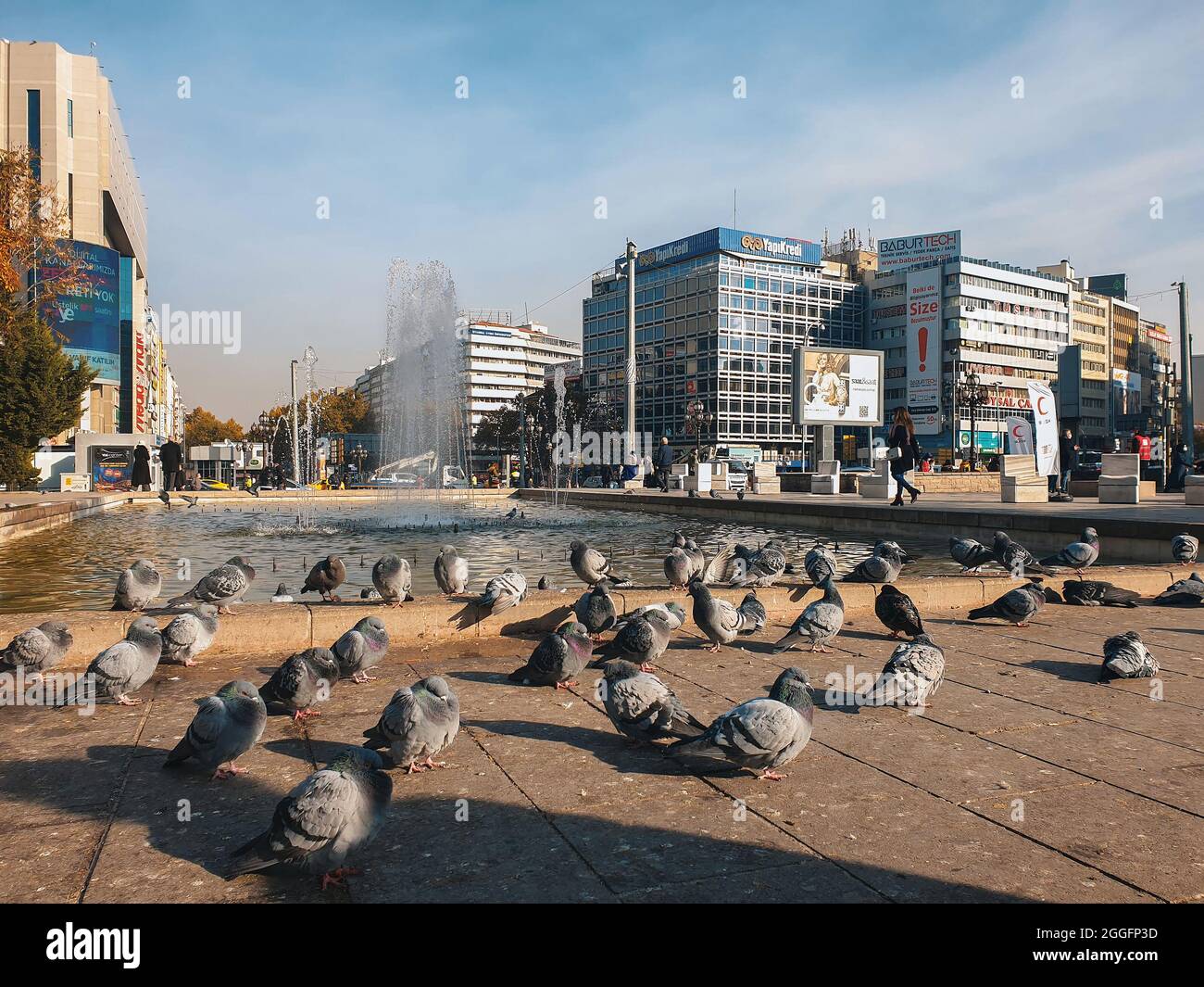Ankara, Turchia-30 novembre 2020: Piccioni che si scaldano sotto il sole dopo il bagno a Guvenpark, persone che vanno a lavorare o fare altre attività in Piazza Kizilay Foto Stock