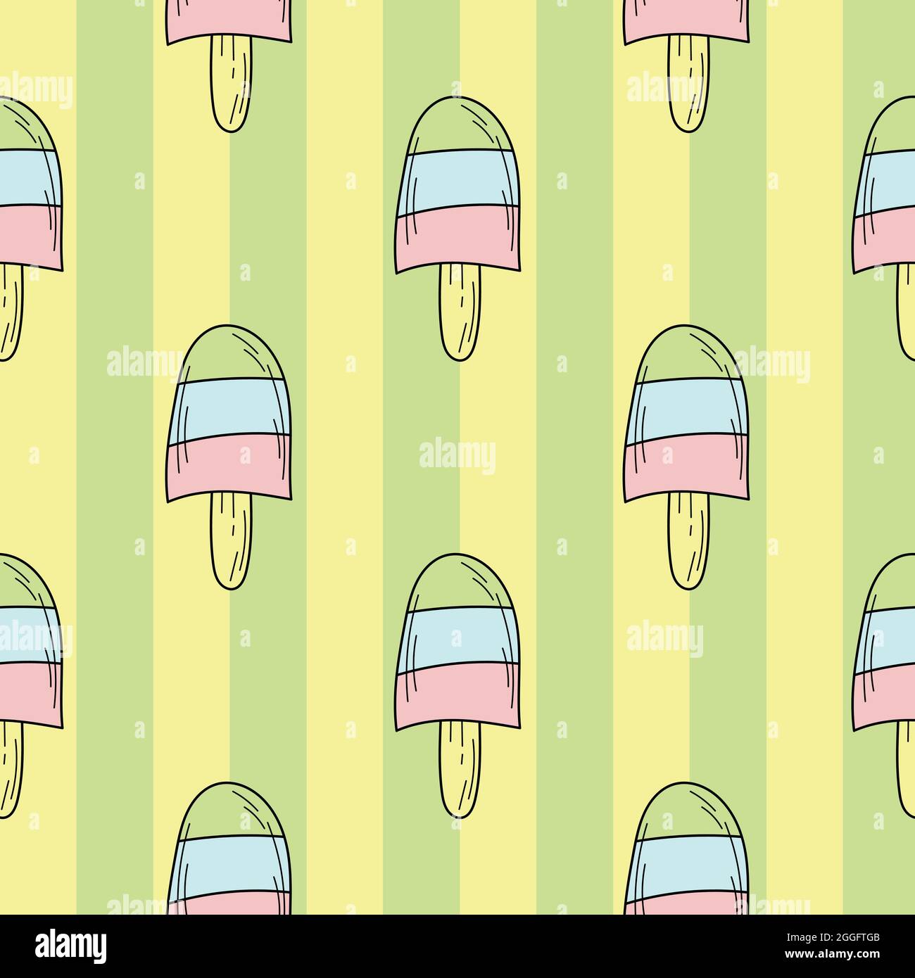 Crema glaciale disegnata a mano per il design senza cuciture. Motivo senza fine su sfondo verde a righe per stampa, tessuto, imballaggio, menu Illustrazione Vettoriale