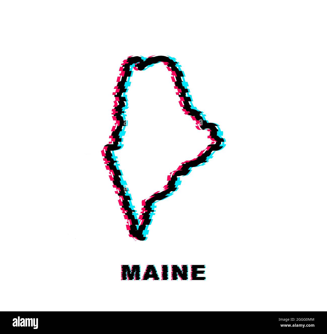Glitch Map of Maine state Stati Uniti d'America, Alabama Outline. Contorno luminoso blu. Illustrazione vettoriale. Illustrazione Vettoriale