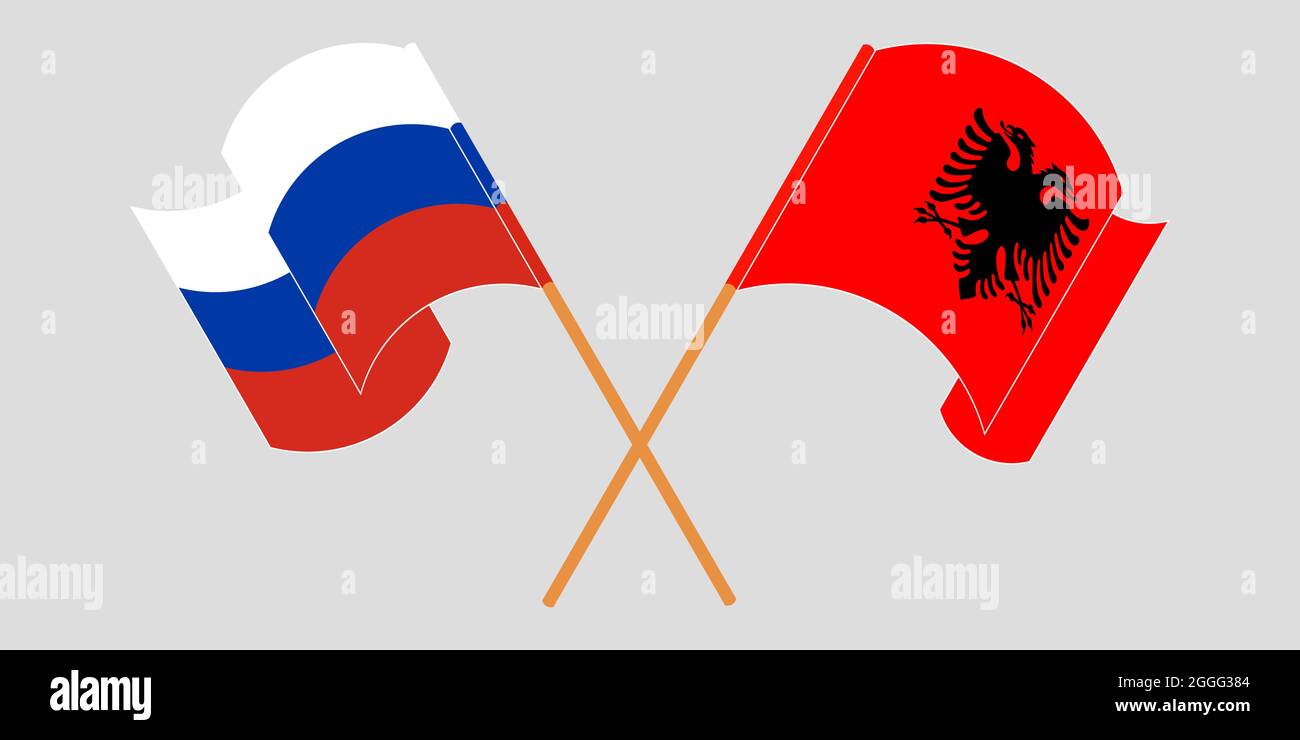 Bandiere incrociate e sventolanti di Albania e Russia Illustrazione Vettoriale