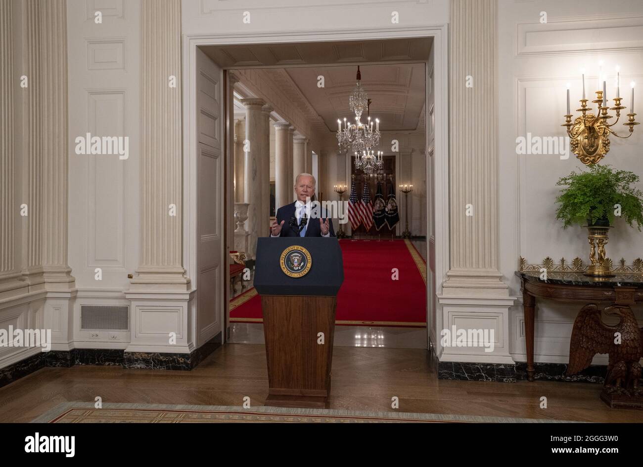 Washington, Stati Uniti. 31 ago 2021. Il presidente Joe Biden parla del ritiro delle truppe e dell'ambasciata dall'Afghanistan alla Casa Bianca di Washington, DC martedì 31 agosto 2021. Gli Stati Uniti partirono dopo 20 anni. Foto di Pat Benic/UPI Credit: UPI/Alamy Live News Foto Stock