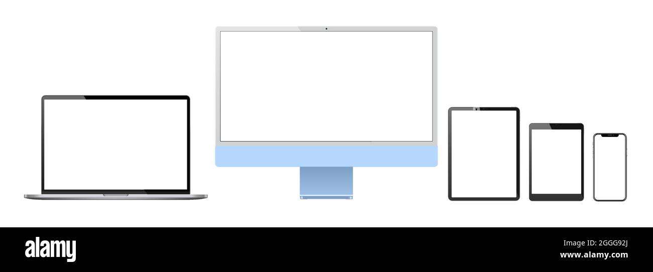 Set realistico di 2021 nuovi design sottile monitor per computer, notebook, tablet, smartphone - EPS 10 modello vettoriale. Illustrazione Vettoriale