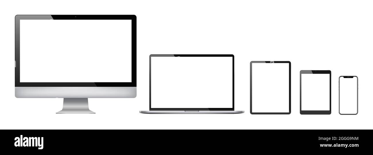 Set realistico di 2021 nuovi design sottile monitor per computer, notebook, tablet, smartphone - EPS 10 modello vettoriale. Illustrazione Vettoriale