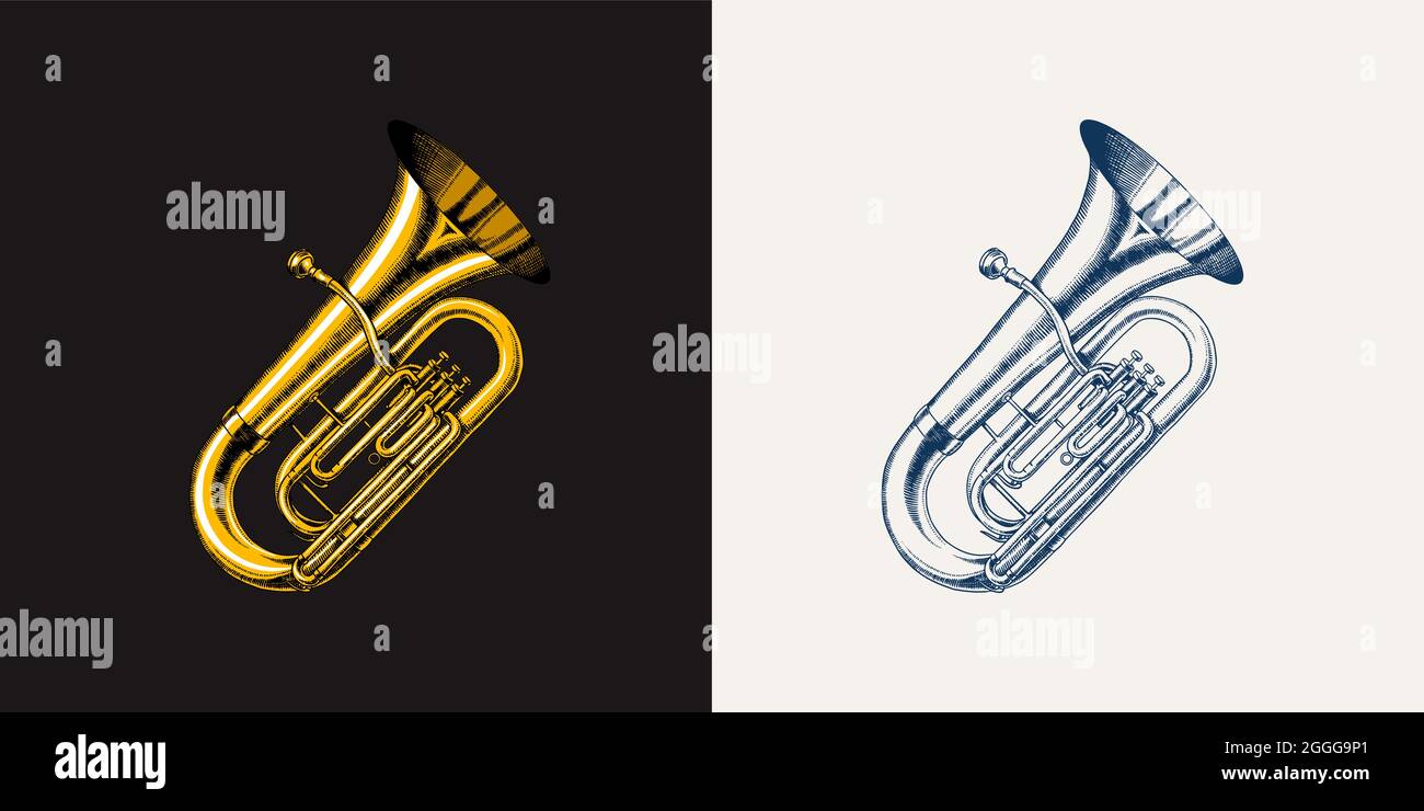 Jazz tuba in monocromia incisi in stile vintage. Disegnato a mano schizzo a campana per il blues e il ragtime festival poster. Musical classico strumento di vento. Illustrazione Vettoriale