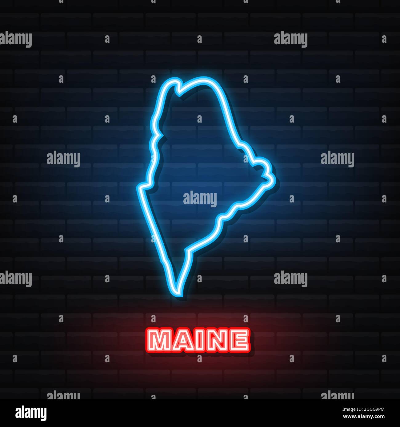 Mappa del neon del Maine state Stati Uniti d'America, profilo dell'Alabama. Contorno luminoso blu. Illustrazione vettoriale. Illustrazione Vettoriale