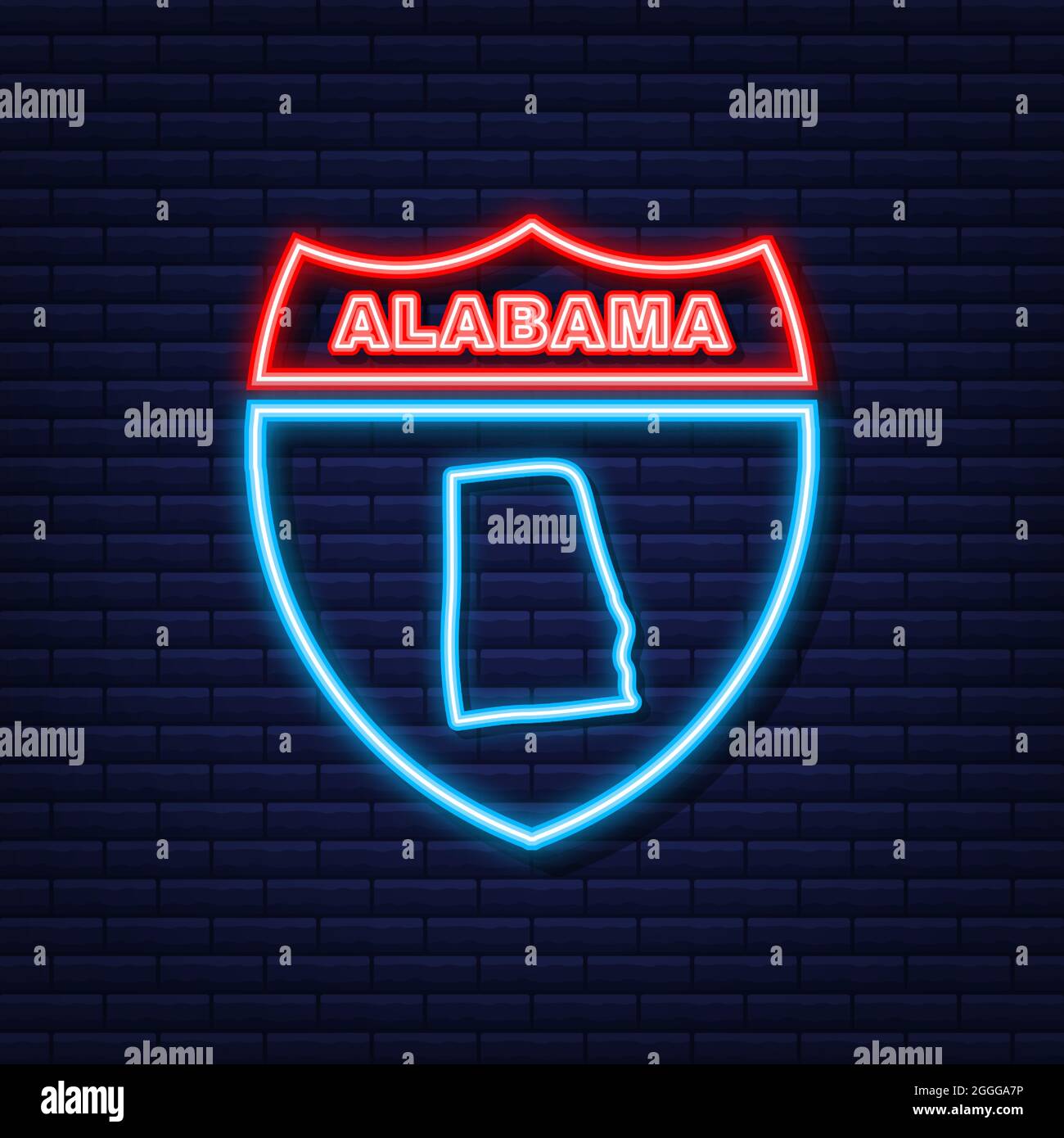Neon Mappa di Alabama Stato Stati Uniti d'America, Alabama contorno. Contorno luminoso blu. Illustrazione vettoriale. Illustrazione Vettoriale