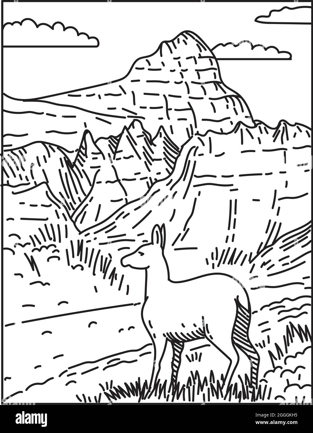 Monocolinea illustrazione del Badlands National Park con cervi e ripidi canyon situato in South Dakota, USA fatto in retrò nero e bianco monolina li Illustrazione Vettoriale