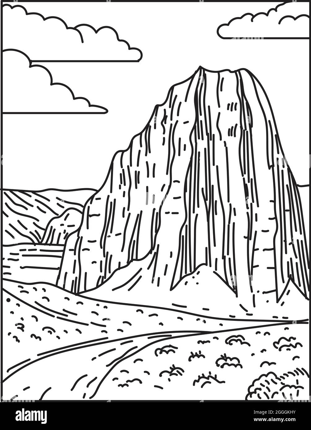 Illustrazione in mono linea del Cathedral Valley Loop del Capitol Reef National Park in Utah, USA fatto in retro nero e bianco linea arte po Illustrazione Vettoriale