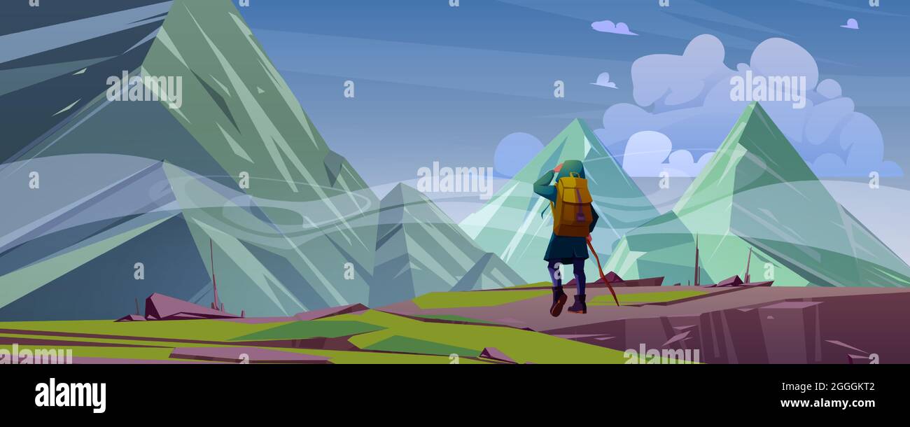 Viaggiatore in paesaggio di montagna con cime coperte di nebbia. Viaggi o vagabondo estremo viaggio, avventura. Turista con zaino guardare in lontananza su cime di roccia alta, Cartoon vettore illustrazione Illustrazione Vettoriale