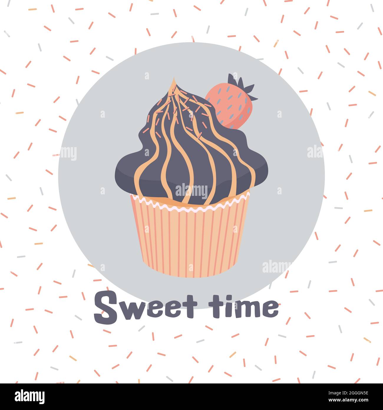 Carta tempo dolce con cupcake. Muffin blu carino con fragola. Illuminamento vettoriale in colori pastello chiari Illustrazione Vettoriale
