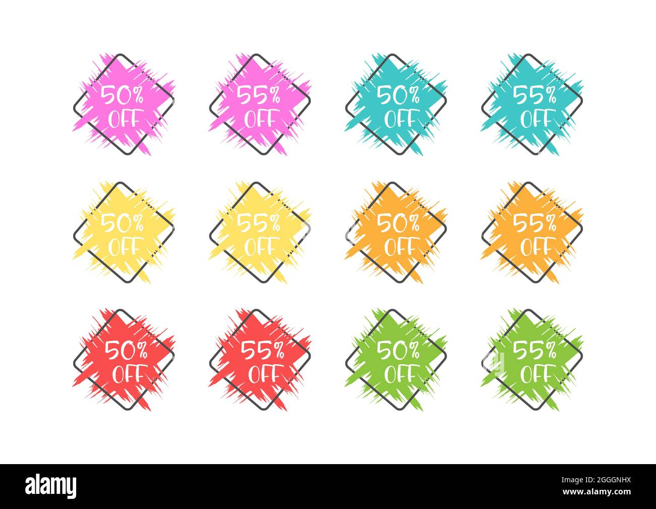 set di adesivi grunge colorati con uno sconto del 50 e 55% per le aziende, le vendite, la promozione pubblicitaria, adesivi ed etichette. Stile piatto Illustrazione Vettoriale