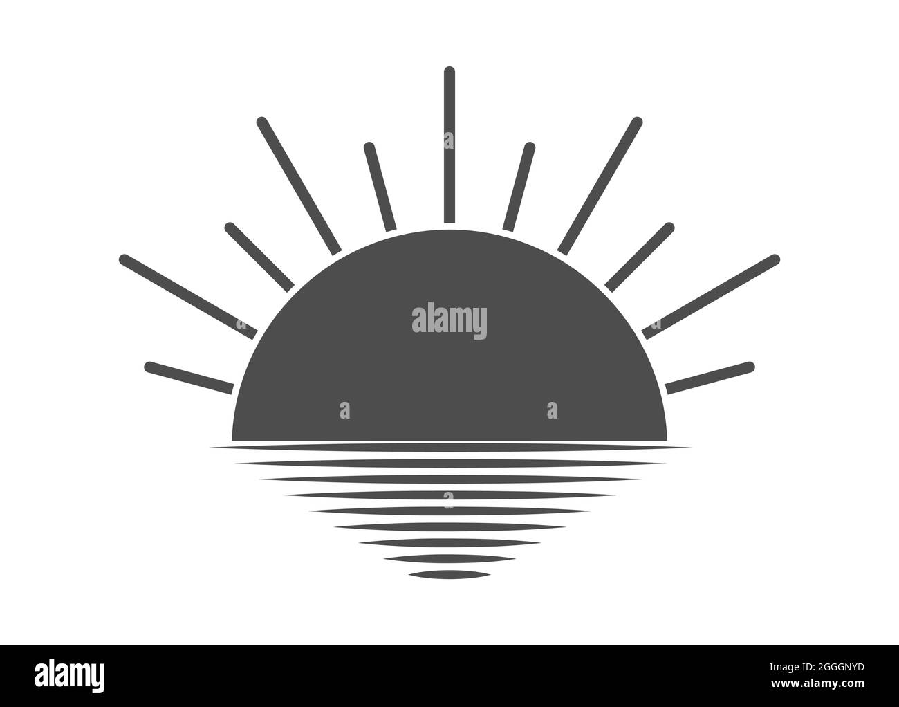 semplice icona del sole che sorge o tramonta sullo sfondo della superficie dell'acqua. Stile piatto. Illustrazione Vettoriale