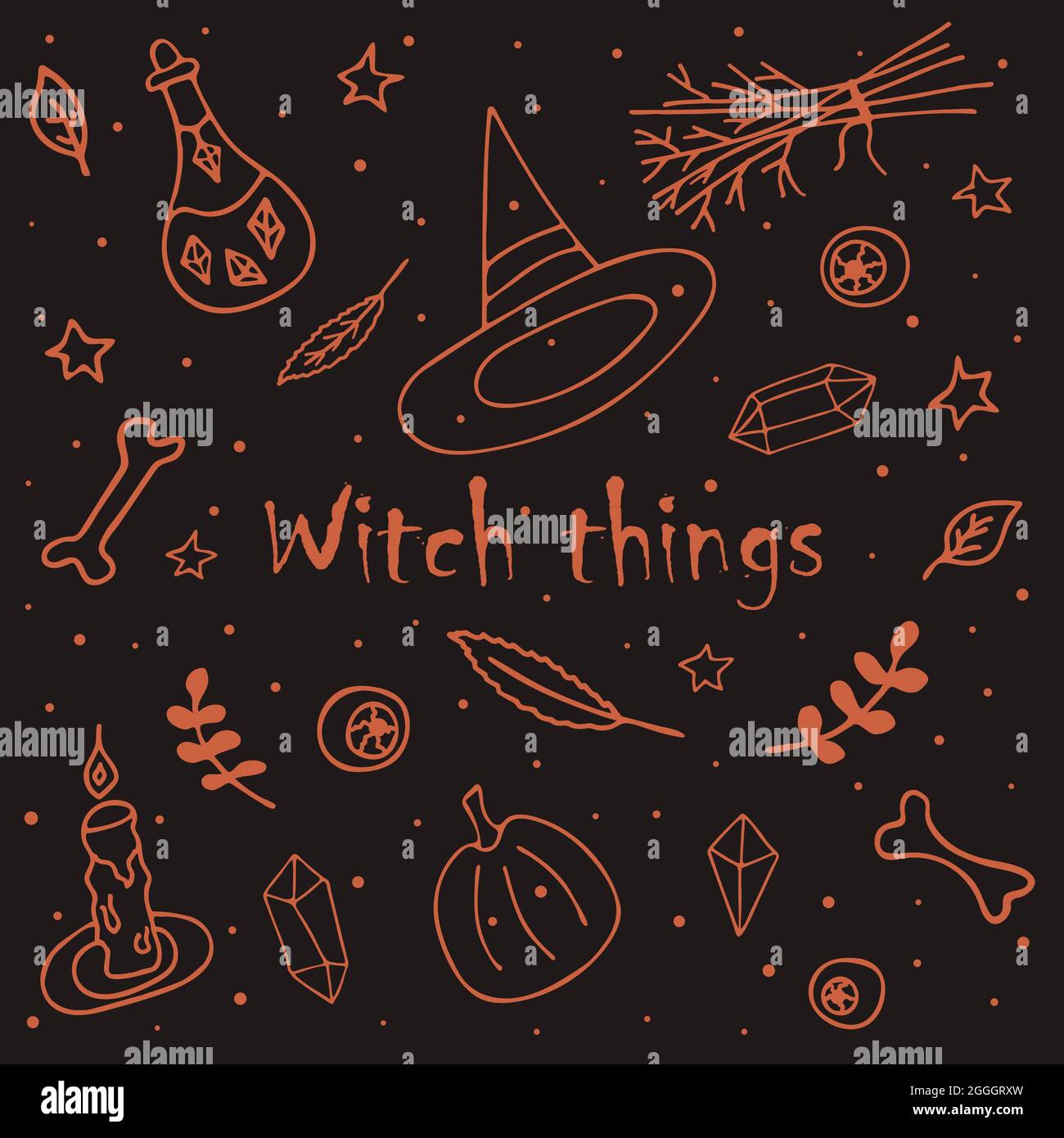 Set di cose streghe per Halloween. Cappello con cappuccio, ossa morte, zucca ed erbe, occhielli umani, foglie e ramoscelli, candela e stelle, pozione magica, rubino Illustrazione Vettoriale
