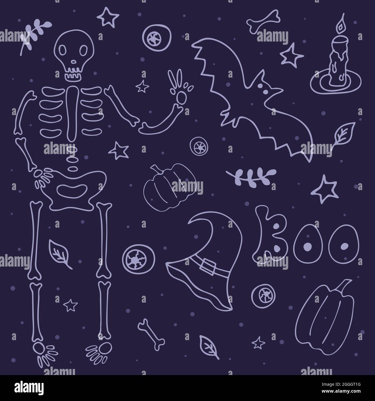 Set di elementi per Halloween. Scheletro, pipistrello, cappello di strega, zucca, bulbo oculare, foglie e ramoscelli, boo di parola, ossa morte, candela e stelle. Linea stile Doodle Illustrazione Vettoriale