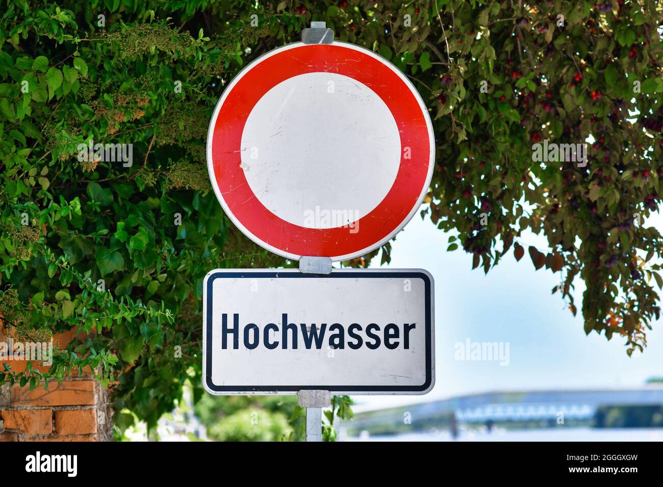 Cartello di alluvione sul fiume Reno tedesco con la scritta 'Hochwasser', concatenata 'alluvione d'acqua' Foto Stock