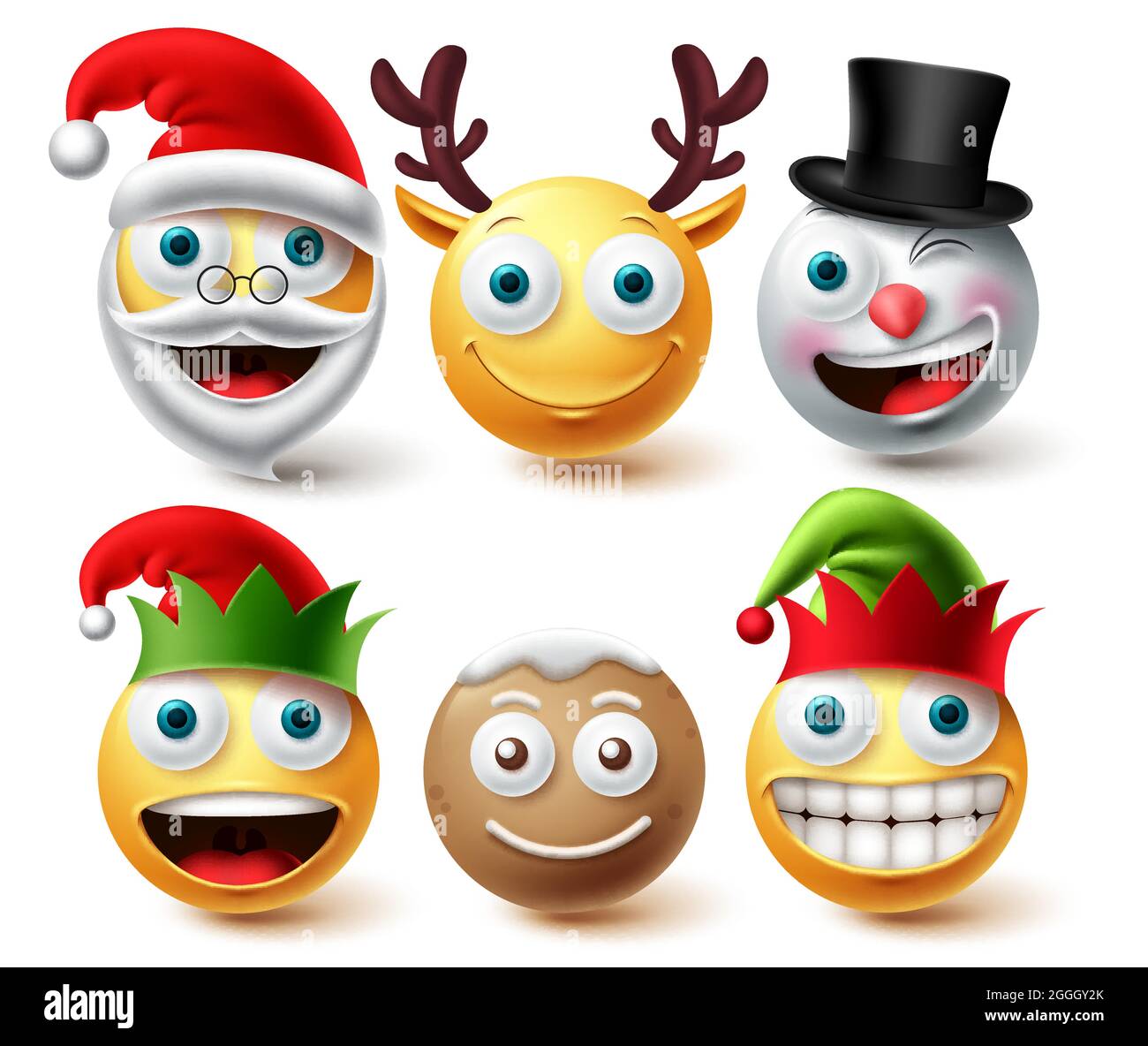 Set di vettori emoji di Natale. Personaggi smiley xmas come santa, elfo, pan di zenzero e la raccolta di icone renna espressione facciale isolato in bianco Illustrazione Vettoriale