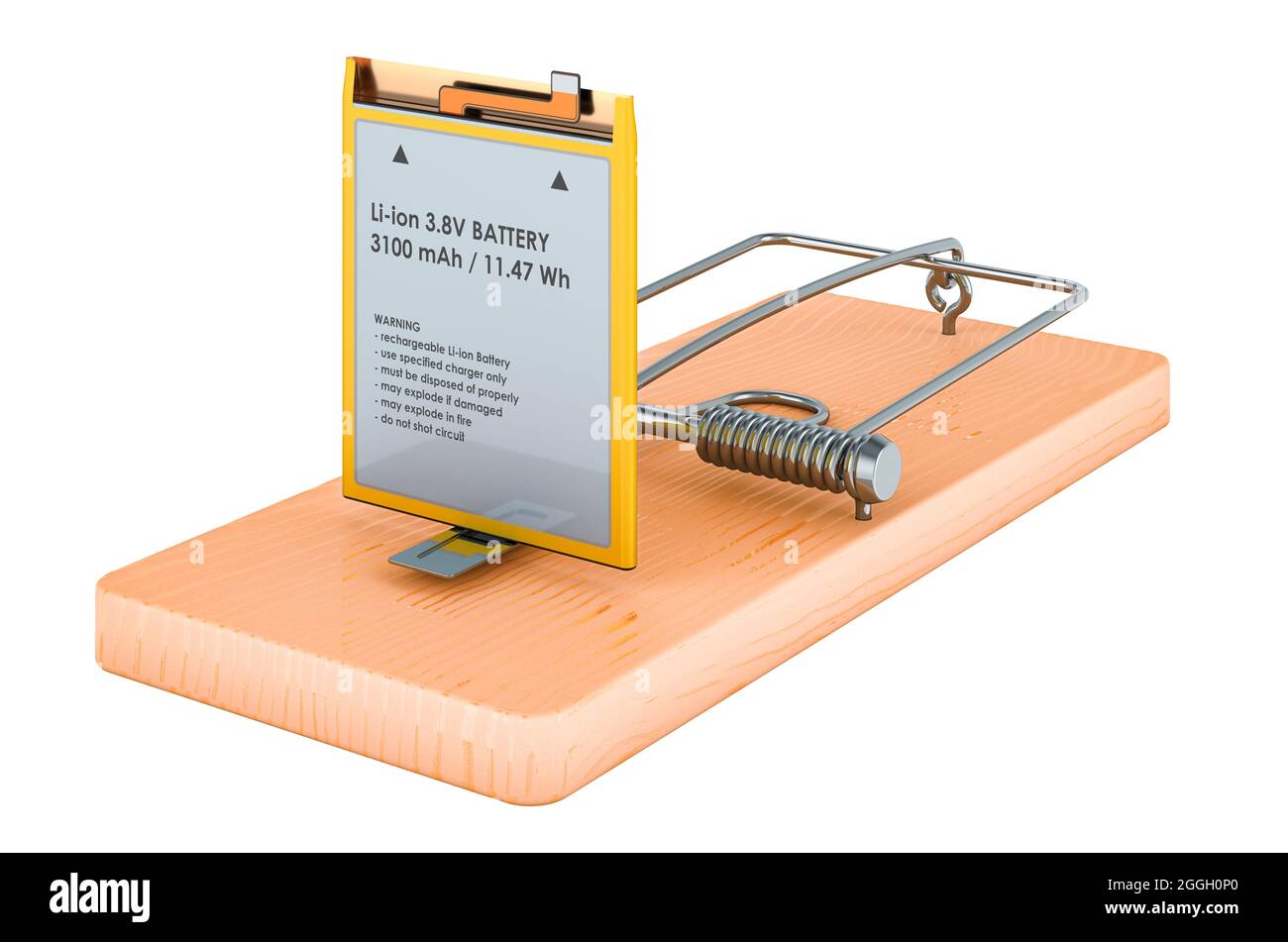 Batteria per telefono cellulare agli ioni di litio all'interno del mousetrap, rendering 3D isolato su sfondo bianco Foto Stock