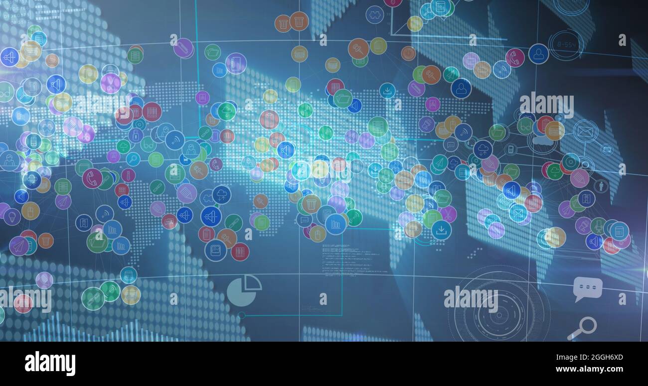 Immagine di icone digitali e frecce sulla mappa del mondo sullo sfondo Foto Stock