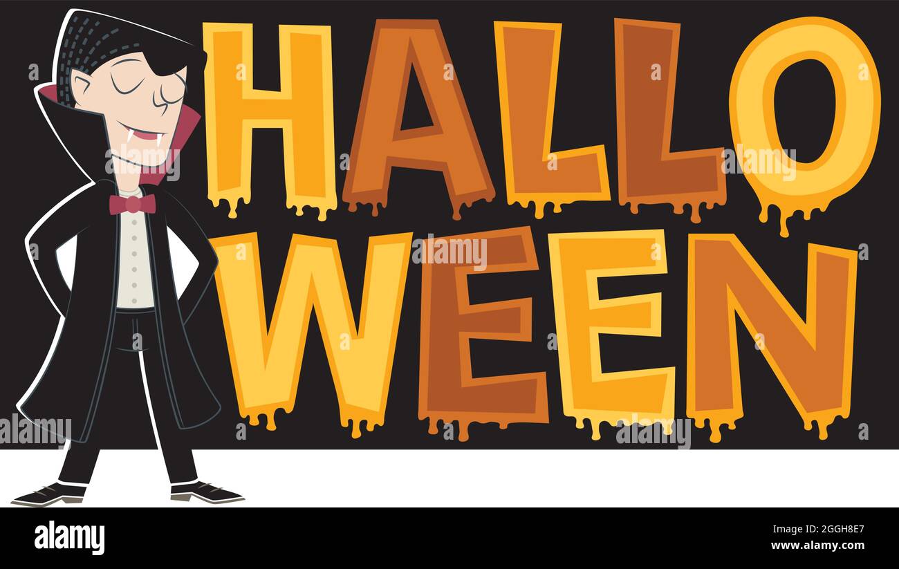 Banner in stile retrò per una festa di Halloween con un ragazzo vestito come vampiro. Illustrazione Vettoriale