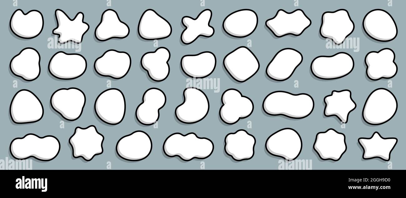 Collezione di nubi bianche, fumetti, macchie di latte, gocce di liquido, macchie ondulate per sfondo di prodotti lattiero-caseari, illustrazione vettoriale bolla vocale Illustrazione Vettoriale