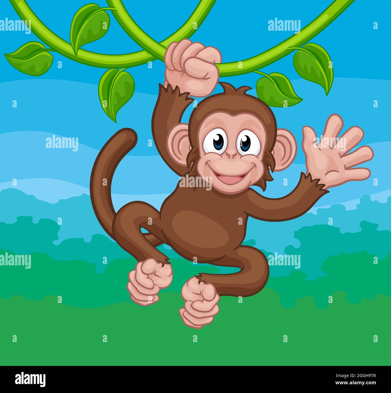 Scimmia canto su Jungle Vines sventolando Cartoon Illustrazione Vettoriale
