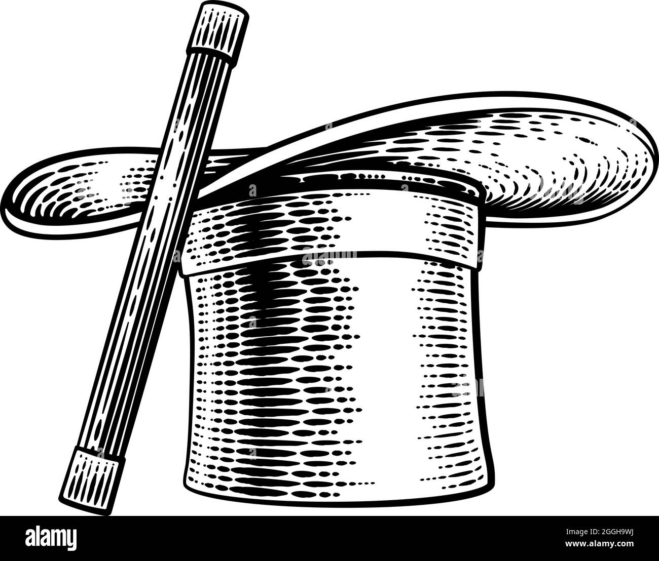 Magic Wand e Magician Top Hat Woodcut disegno Illustrazione Vettoriale