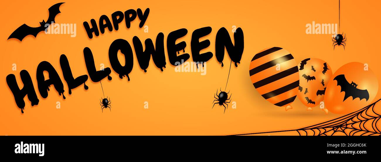 Halloween felice banner o partito invito sfondo con pipistrelli, palloncini e ragni. Illustrazione vettoriale Illustrazione Vettoriale