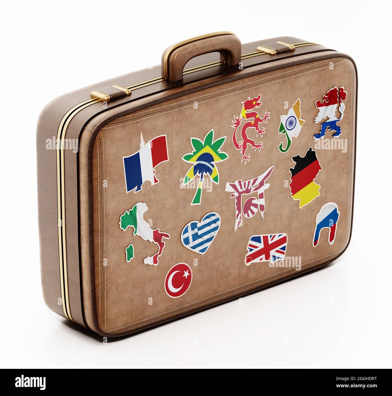Valigia vintage con adesivi che rappresentano i simboli del paese. Illustrazione 3D. Foto Stock