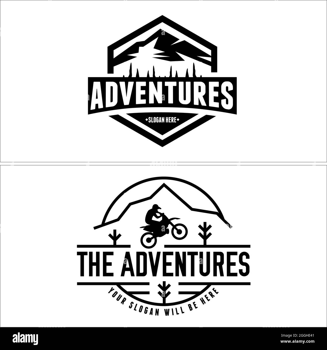 Avventure freestyle motocross montagna trekking badge design logo Illustrazione Vettoriale