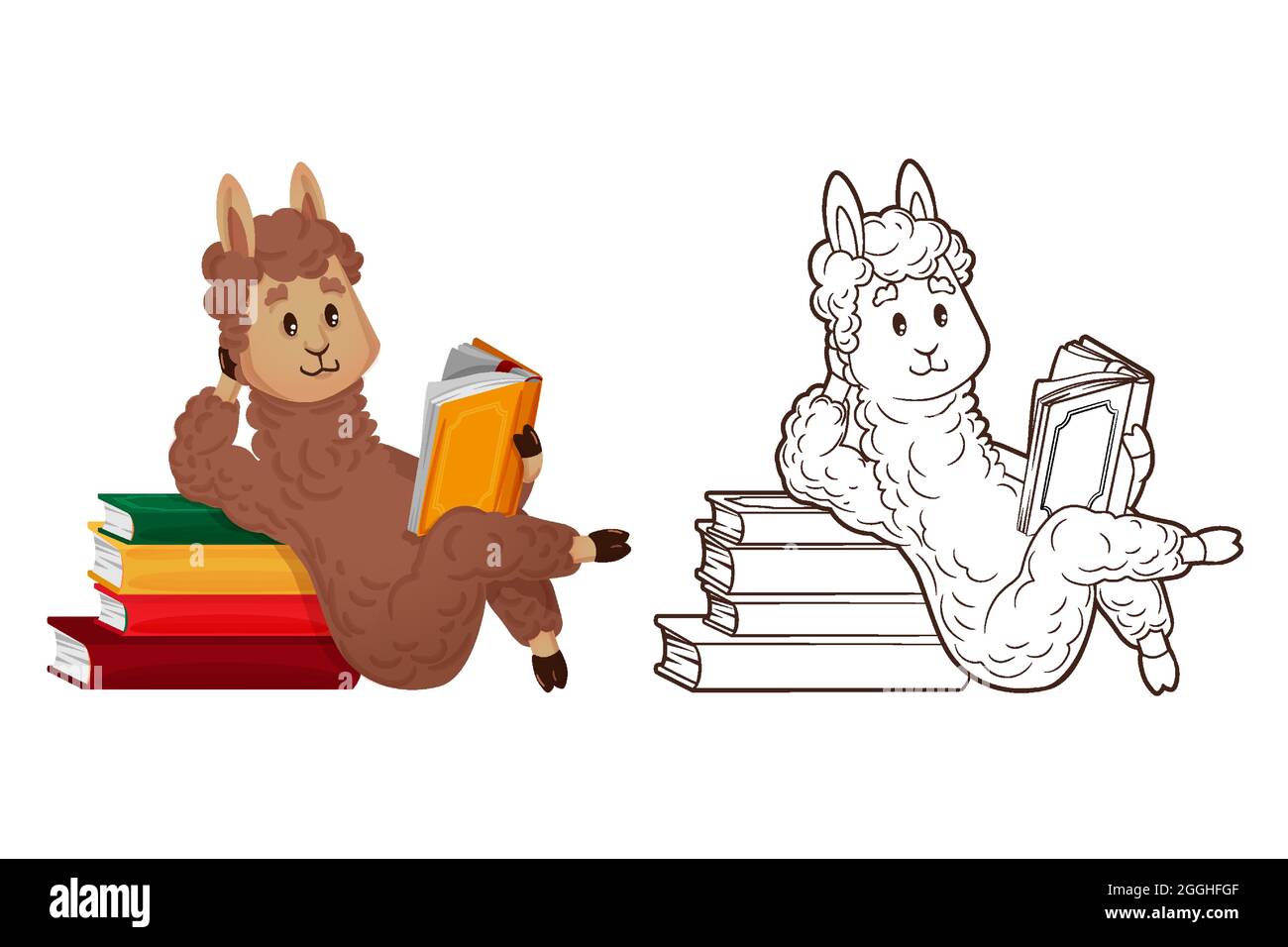 Libro da colorare, lama cute sta leggendo sdraiato giù, appoggiandosi su una pila di libri. Illustrazione vettoriale in stile cartoon, line art, flat Illustrazione Vettoriale