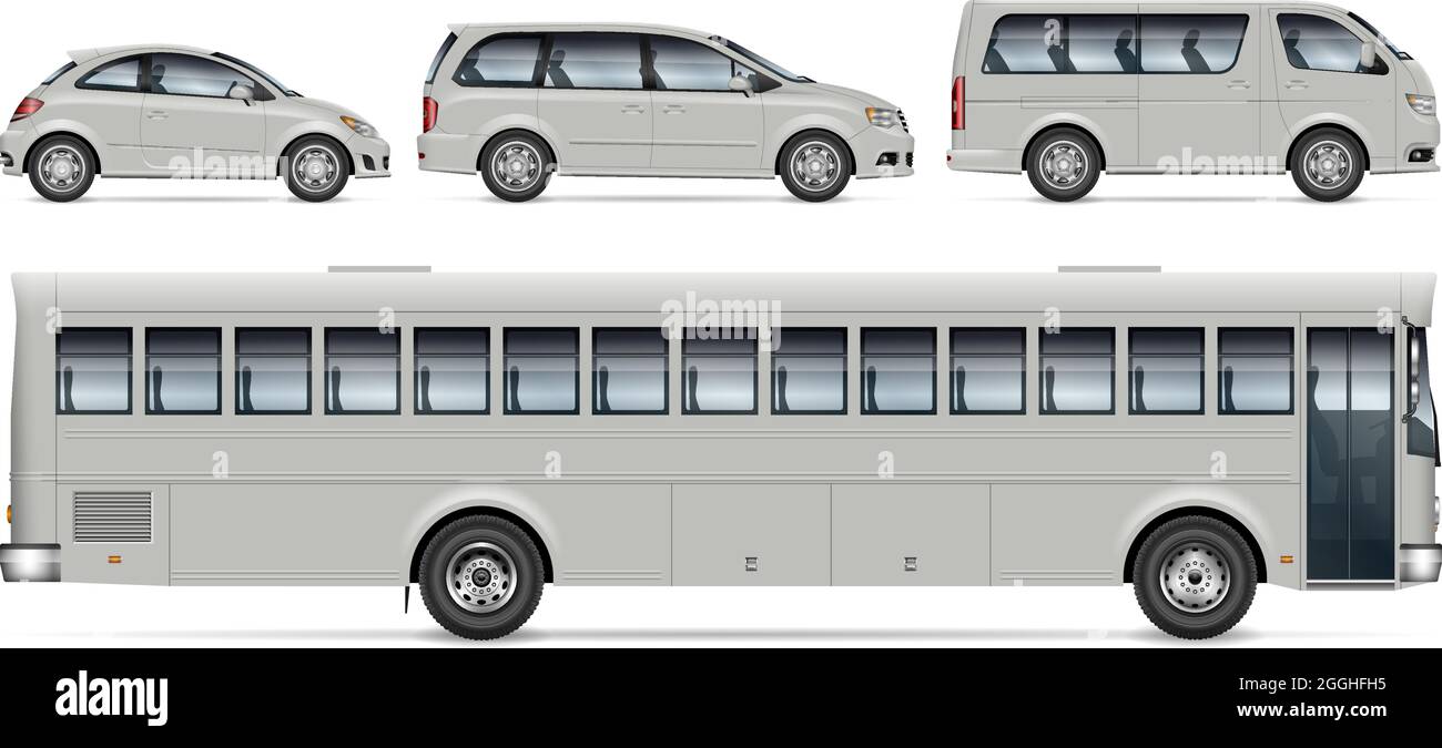 Trasporto in città mockup - autobus, minivan e auto, vista laterale. Modello vettoriale per branding veicolo, identità aziendale. Facile da modificare e ricolorare. Illustrazione Vettoriale