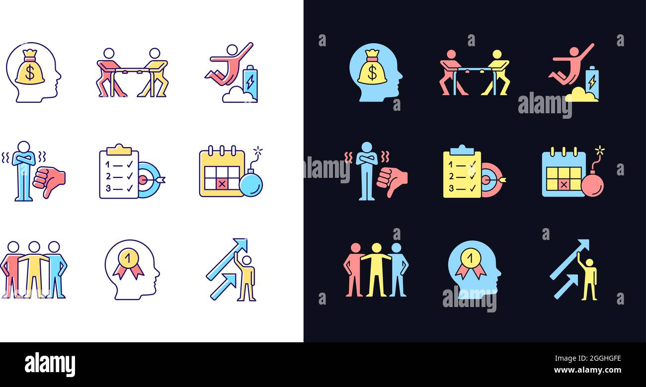 Motivazione stimolo luce e tema scuro RGB icone di colore set Illustrazione Vettoriale