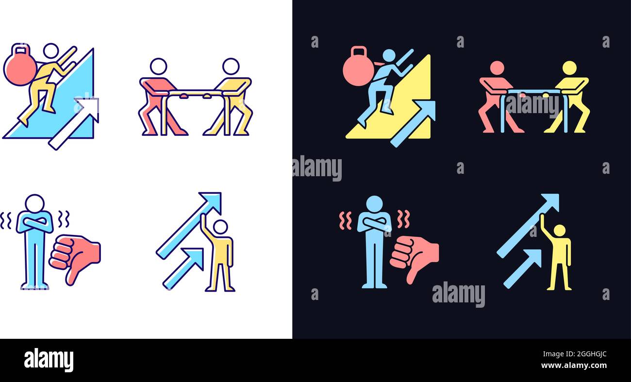 Motivazione complicanze e risultati tema chiaro e scuro RGB icone di colore set Illustrazione Vettoriale