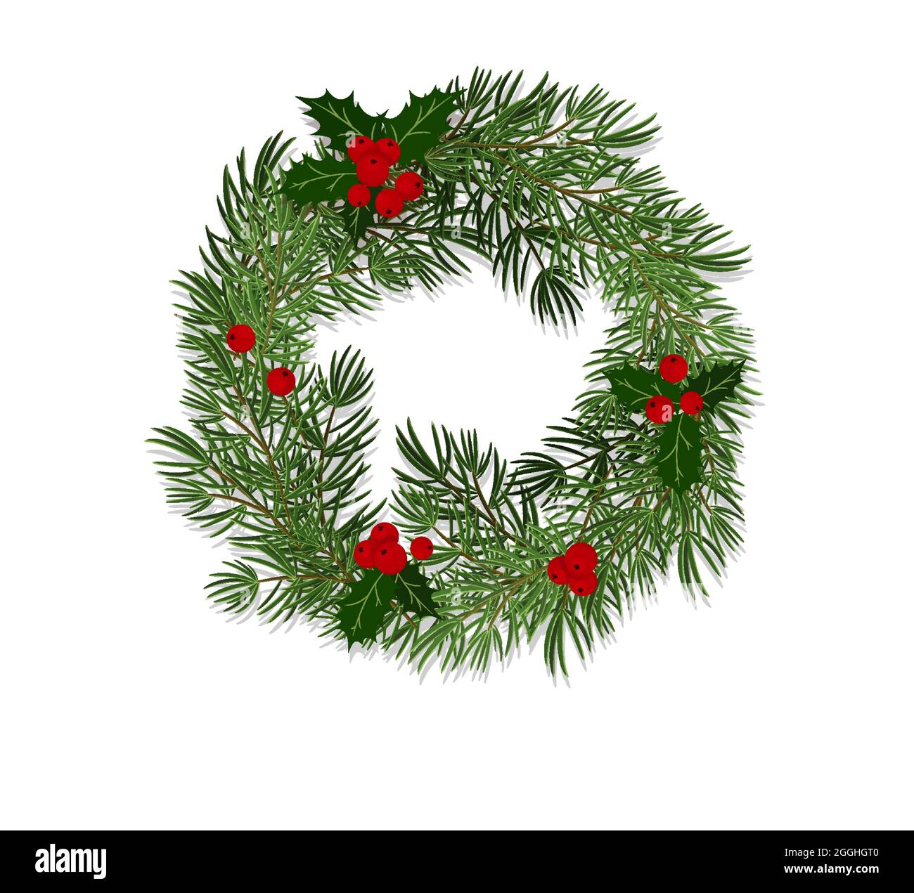Corona di Natale fatta di rami di abete rosso decorato con foglie e acini di agrifoglio. Illustrazione vettoriale in stile piatto, isolata su sfondo bianco Illustrazione Vettoriale