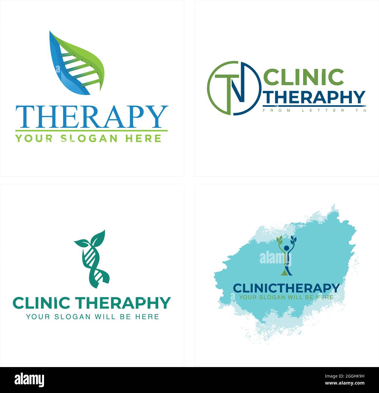 Terapia clinica con icona DNA Helix e People Tree Plant logo design Illustrazione Vettoriale