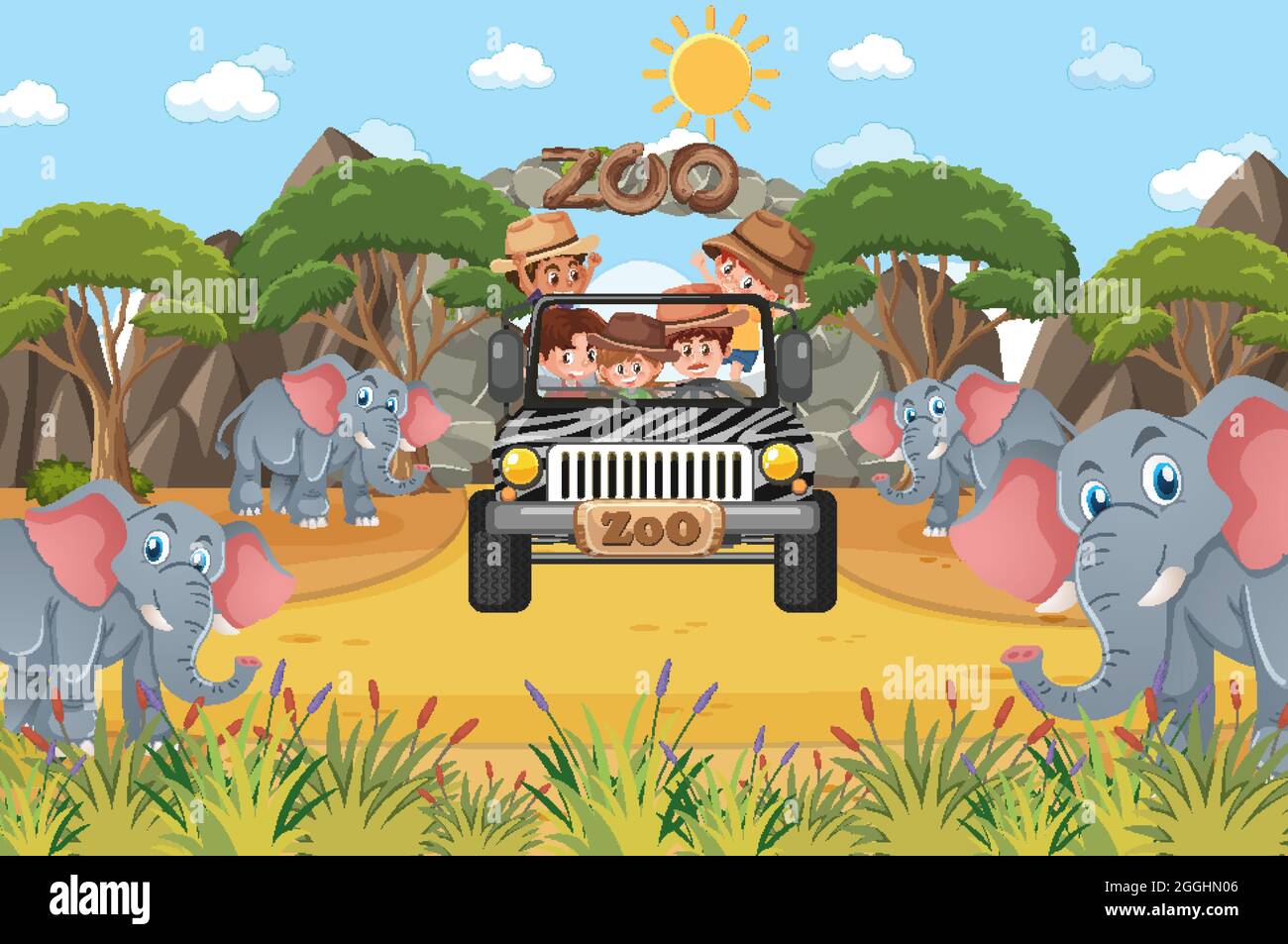 Safari scena con i bambini in auto turistica guardando gruppo di elefanti illustrazione Illustrazione Vettoriale