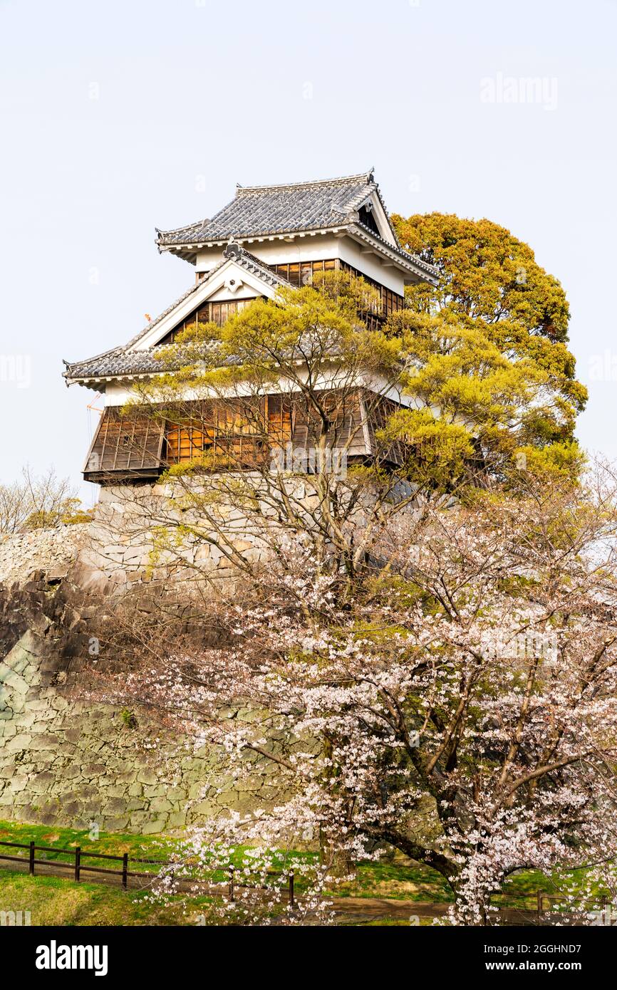 Castello di Kumamoto con 2016 danni del terremoto. Il Hitsujisaru Yagura, torretta. Alcune crepe sulla torre, ishigaki muri in pietra mancano alcune pietre di riempimento. Foto Stock