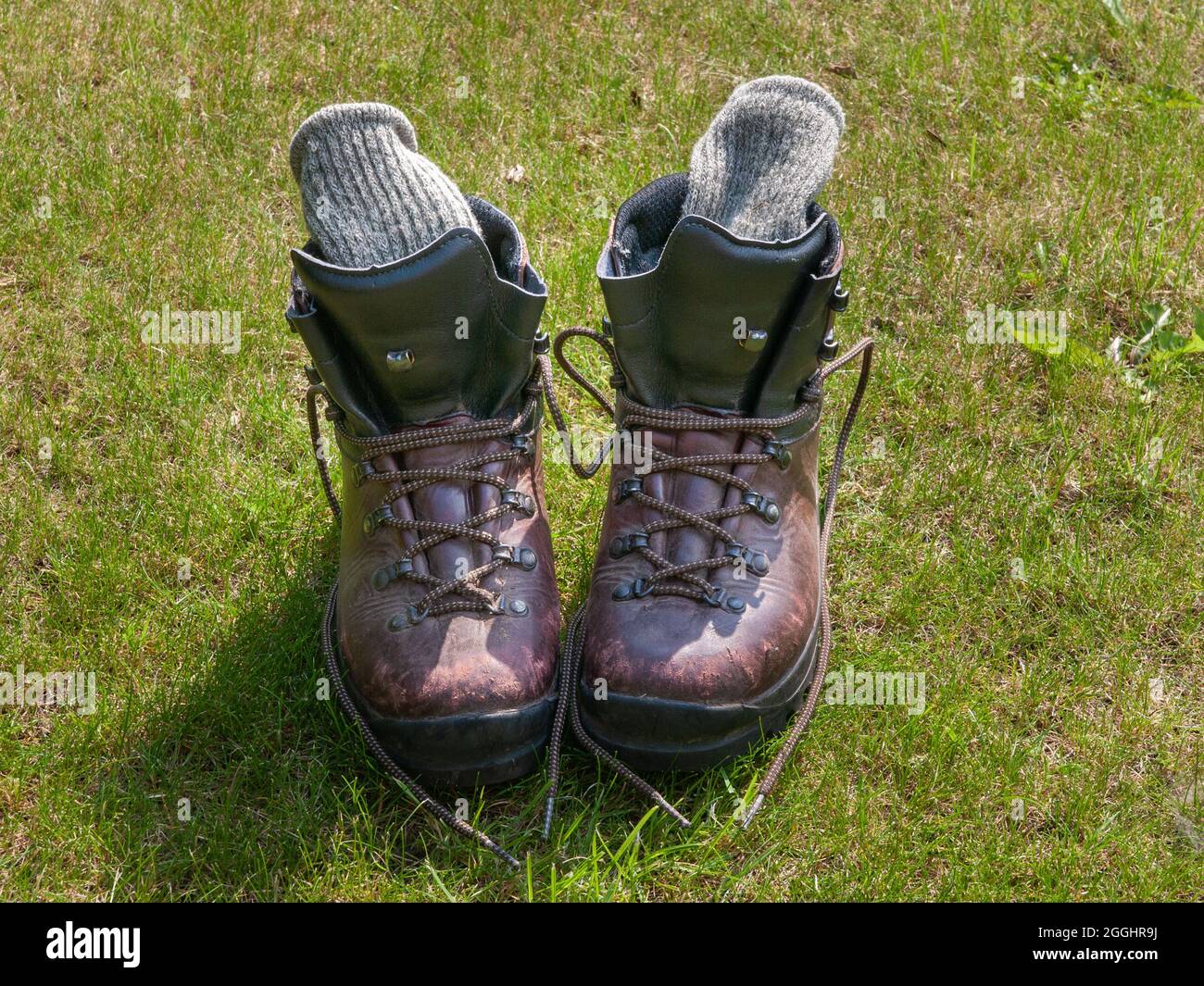 Paio di stivali da passeggio in pelle indossati e ben utilizzati con calze da trekking in lana spessa Foto Stock